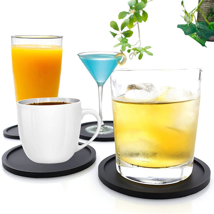 Non Slip Silicone Drink Coasters Large Black Cup Coaster Set for Outdoor & Indoor Drinks - anti Stain & Heat Resistant - Cup Tab